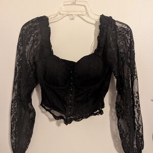 HOT TOPIC Thorn & Fable Black Lace Smocked Crop Corset Top
